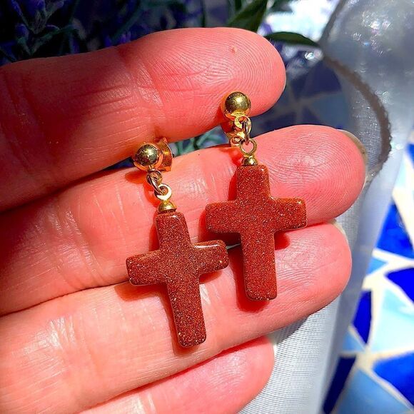 Lovely Genuine Goldstone Cross Earrings - Picture 4 of 5